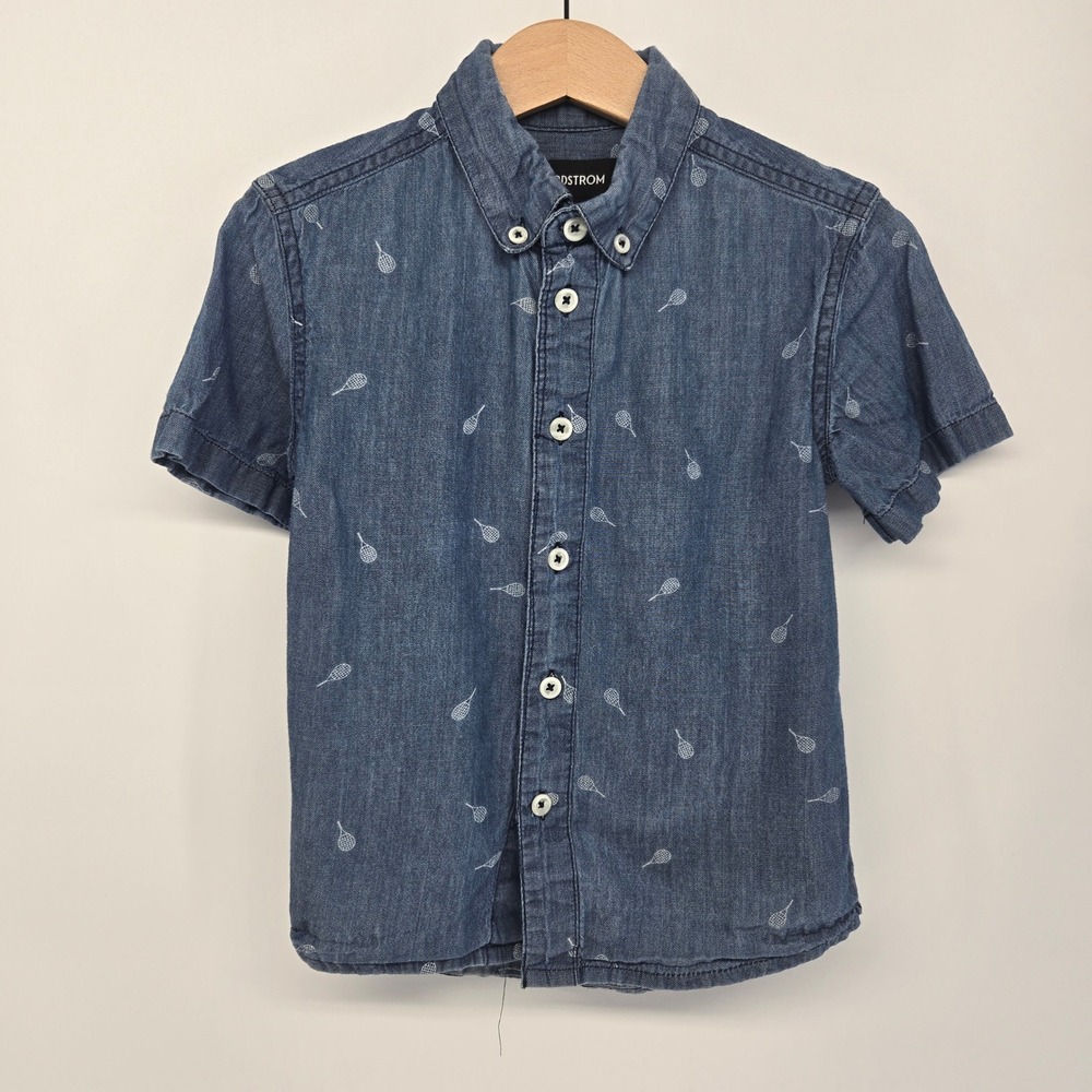 Nordstrom Tennis Racket Print Shirt Boys 4 Blue Short Sleeve Button Down Denim